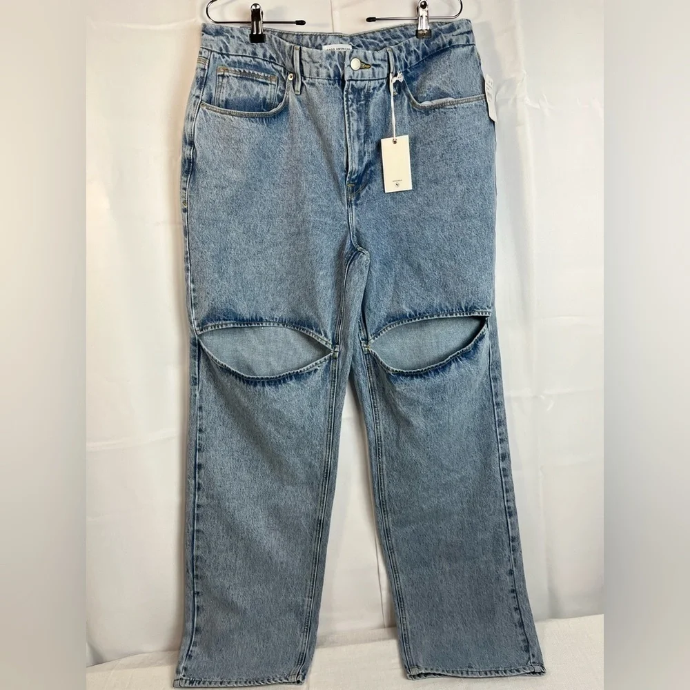 Good American Womens High Rise Straight 90s Style open knee size 14/32  Jeans